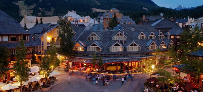 Whistler Village street surrounded by mountains