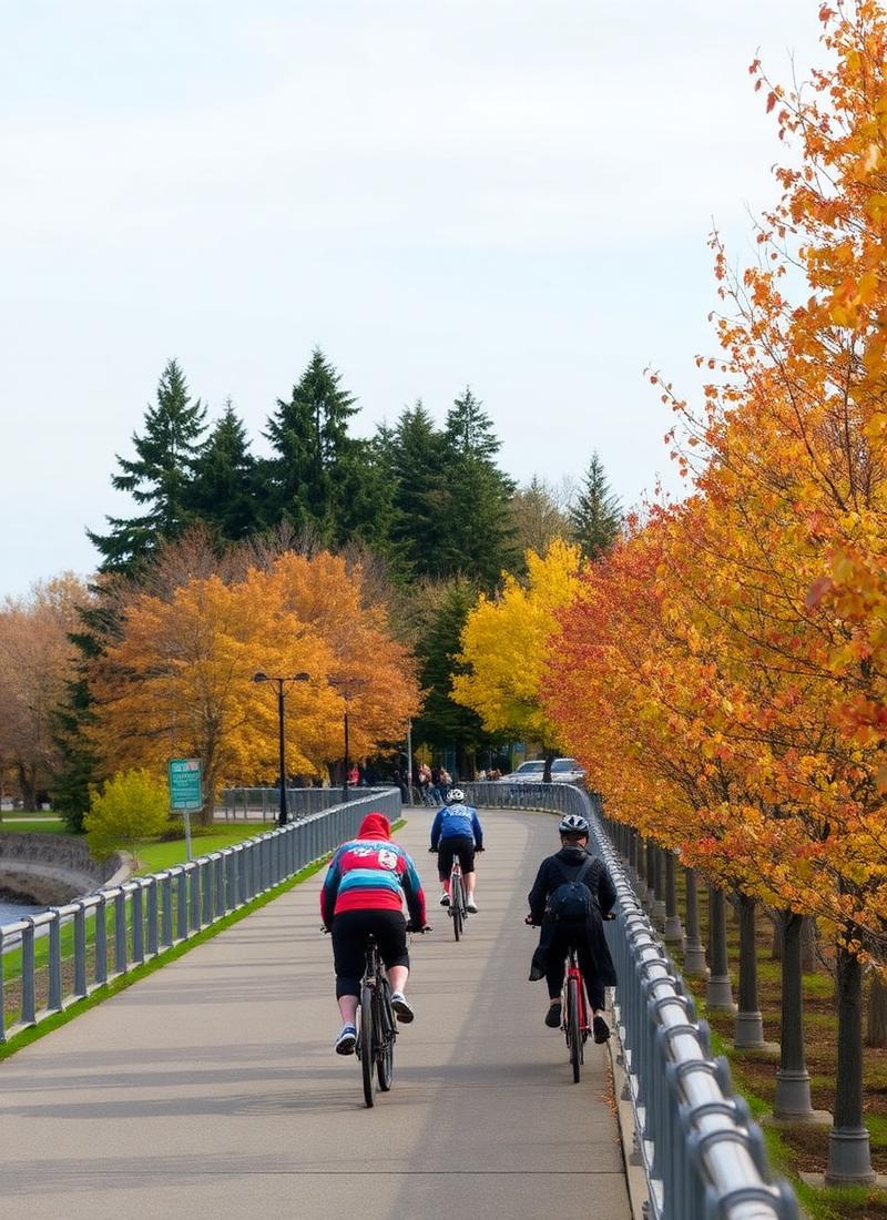 Ciclistas no seawall do Stanley Park no outono