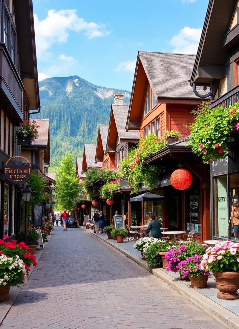Rua da vila de Whistler com flores e montanhas ao fundo