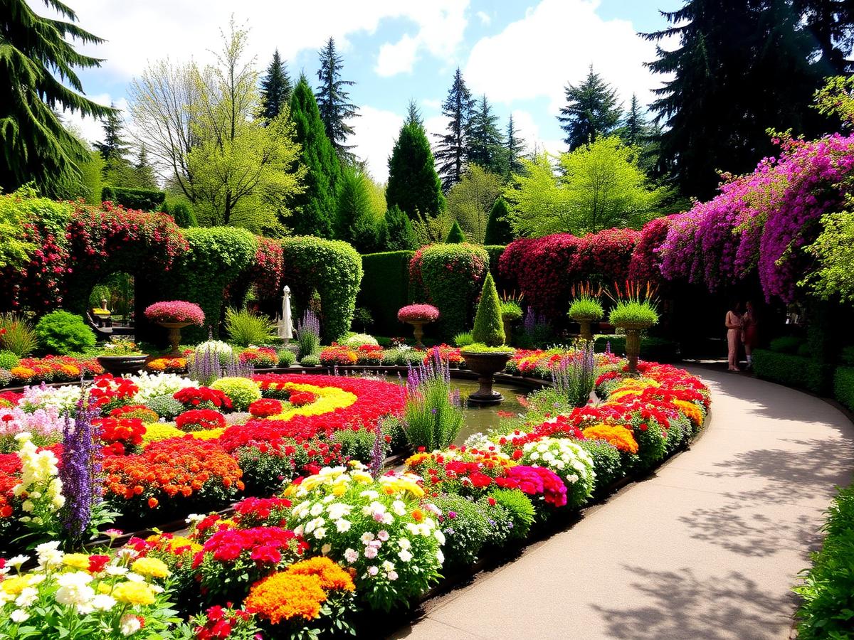 Canteiros floridos e coloridos no Butchart Gardens, perto de Victoria
